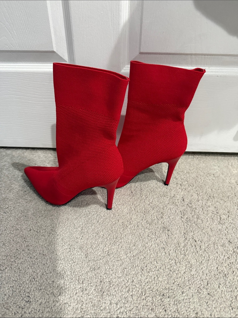 Red Stretch Knit Pointed-Toe Stiletto Bootie - Women